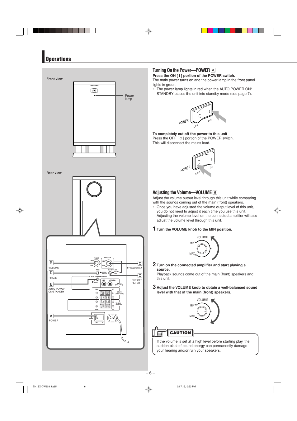 Operations, Turning on the power—power å, Adjusting the volume—volume ı | Ез ı з о | JVC SX-DW303 User Manual | Page 6 / 9