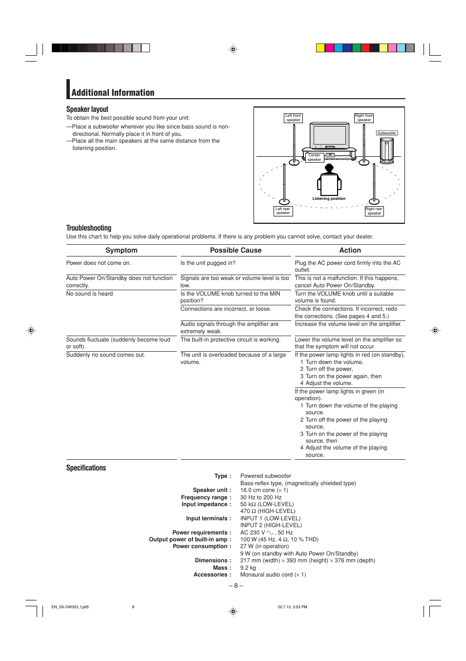 Additional information, Specifications, Speaker layout | Troubleshooting | JVC SX-DW303 User Manual | Page 8 / 9