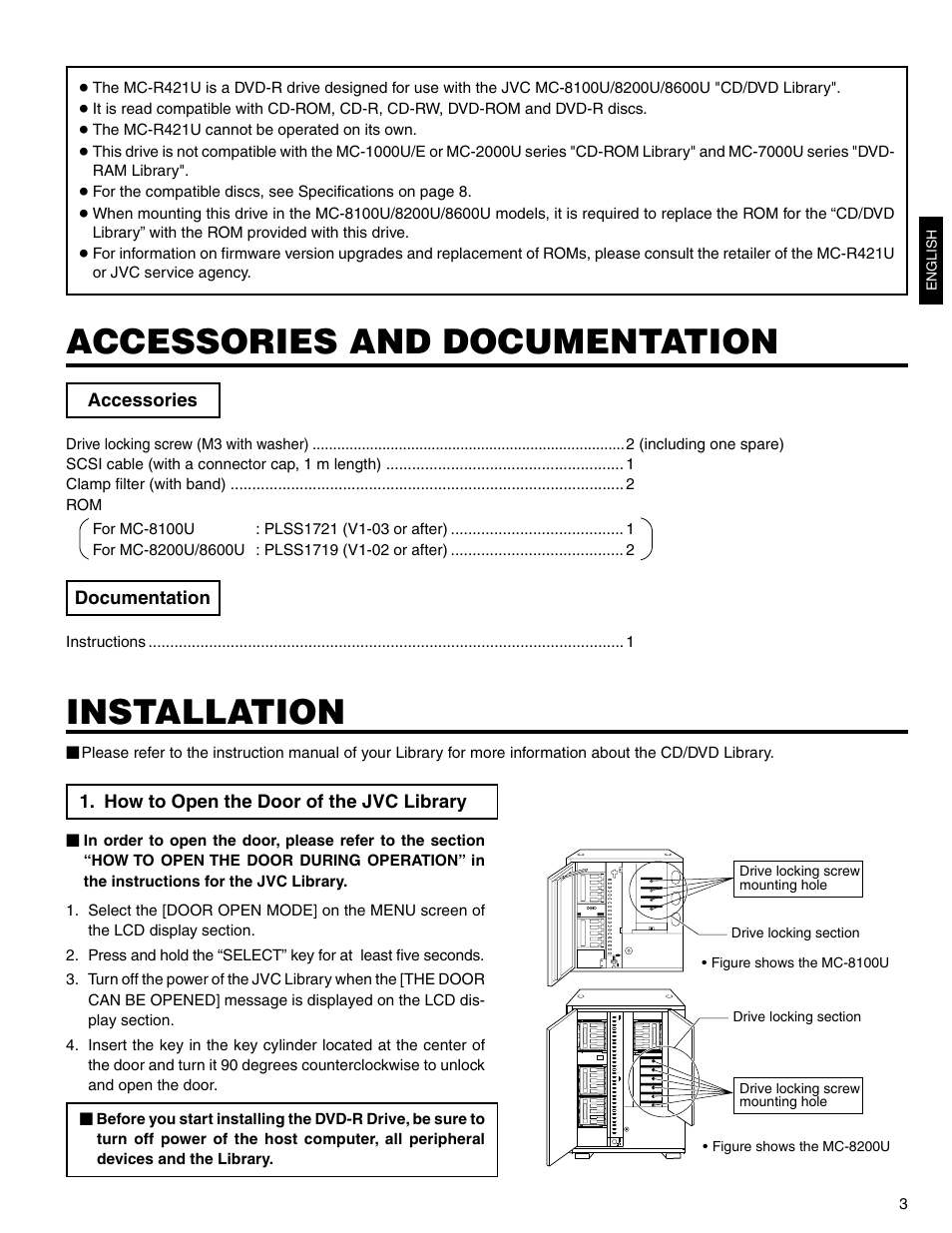 Accessories and documentation, Installation, Installation accessories and documentation | JVC MC-R421U User Manual | Page 3 / 9