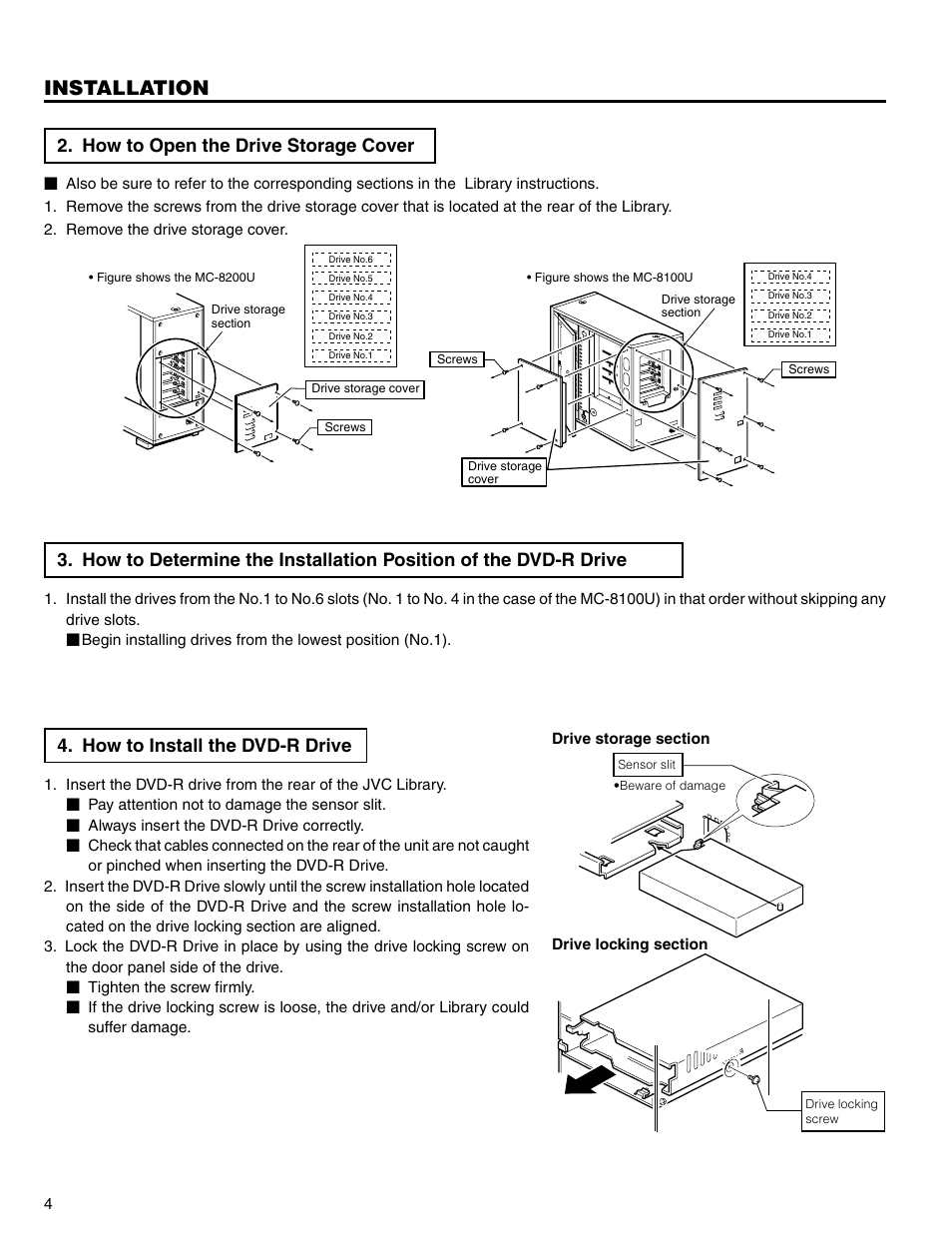 Installation, How to open the drive storage cover, How to install the dvd-r drive | JVC MC-R421U User Manual | Page 4 / 9