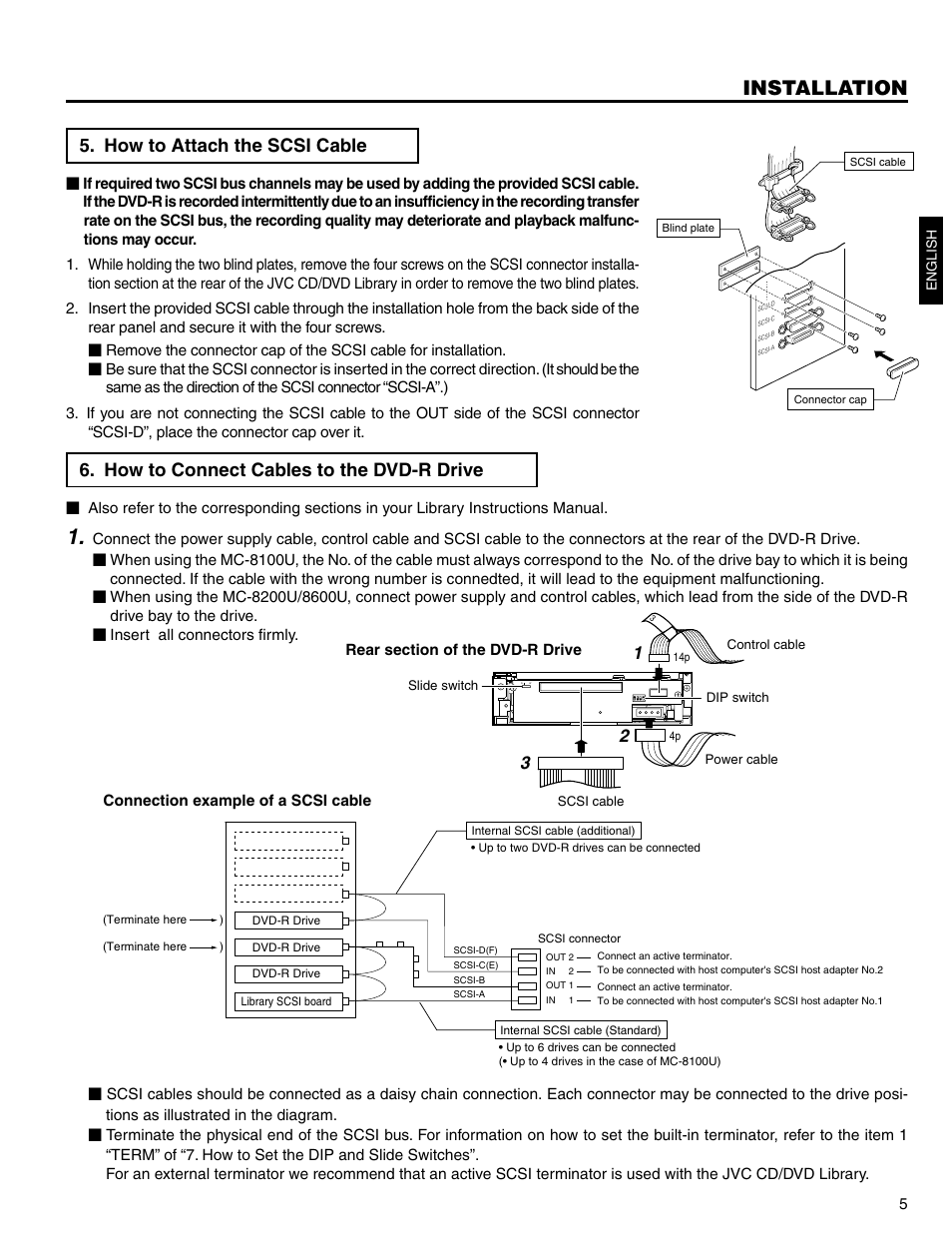 Installation, How to connect cables to the dvd-r drive, How to attach the scsi cable | JVC MC-R421U User Manual | Page 5 / 9
