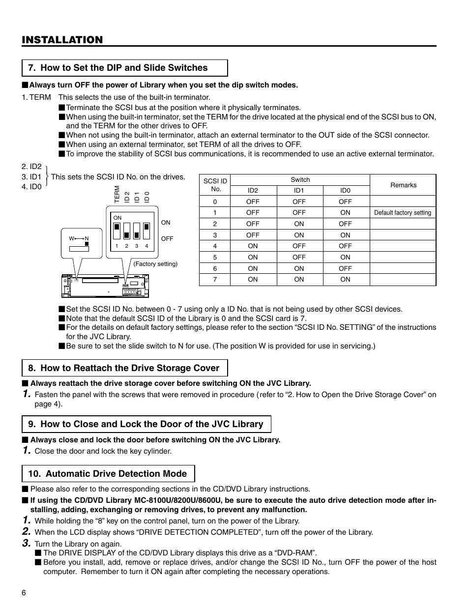Installation, How to close and lock the door of the jvc library, How to reattach the drive storage cover | Automatic drive detection mode, How to set the dip and slide switches | JVC MC-R421U User Manual | Page 6 / 9