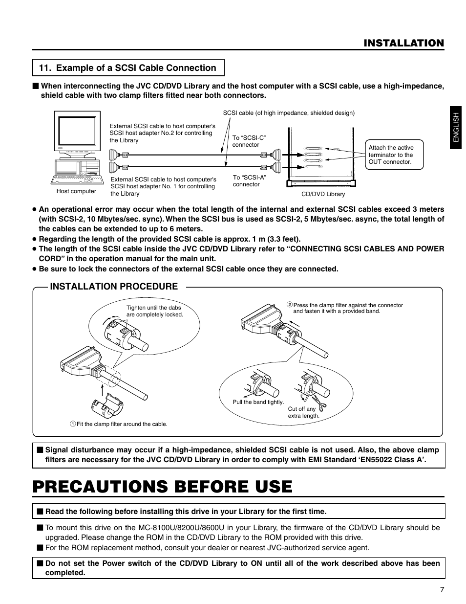 Precautions before use, Installation, Example of a scsi cable connection | Installation procedure | JVC MC-R421U User Manual | Page 7 / 9