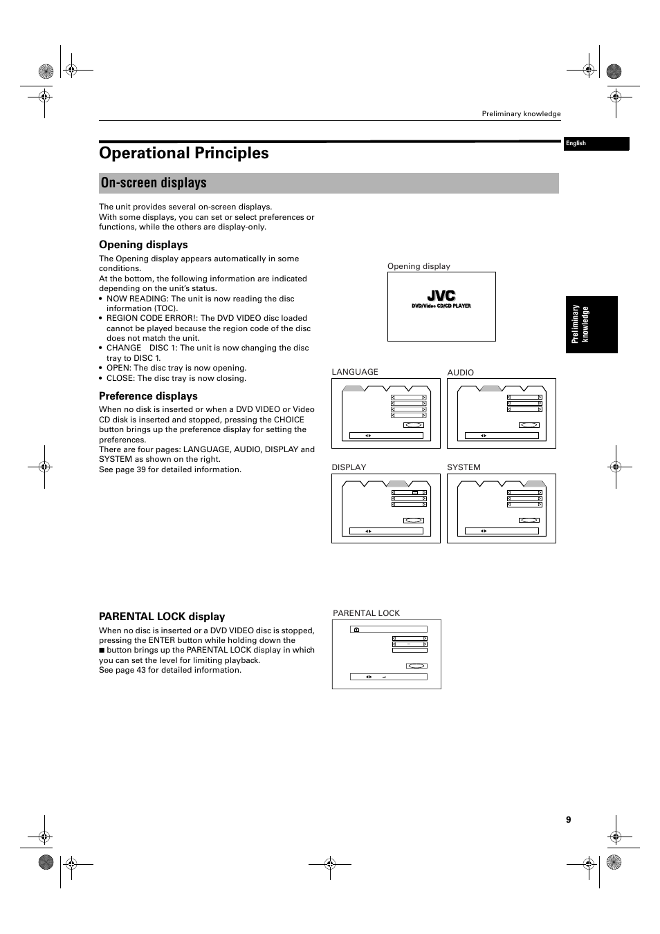 Operational principles, On-screen displays, Opening displays | Preference displays, Parental lock display, Pre lim in ar y know le dg e, System, Parental lock, Display, Audio | JVC XV-M50BK User Manual | Page 11 / 56