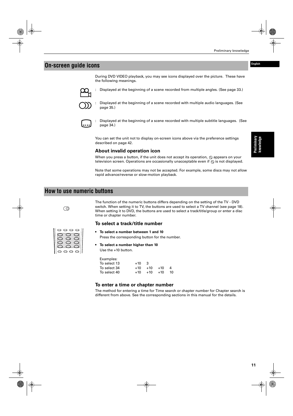 On-screen guide icons, How to use numeric buttons, About invalid operation icon | JVC XV-M50BK User Manual | Page 13 / 56