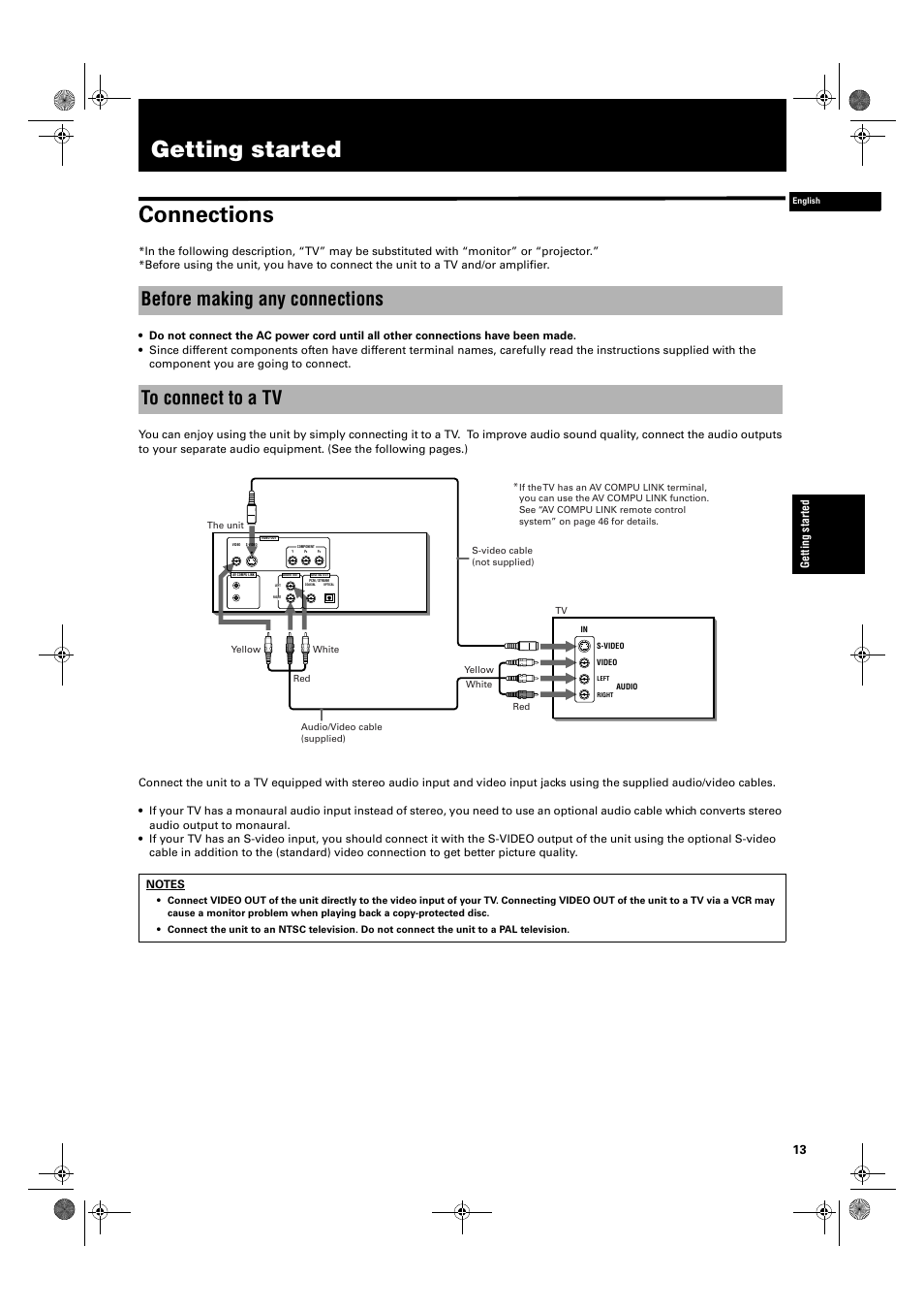Getting started, Getting started connections, Before making any connections to connect to a tv | JVC XV-M50BK User Manual | Page 15 / 56