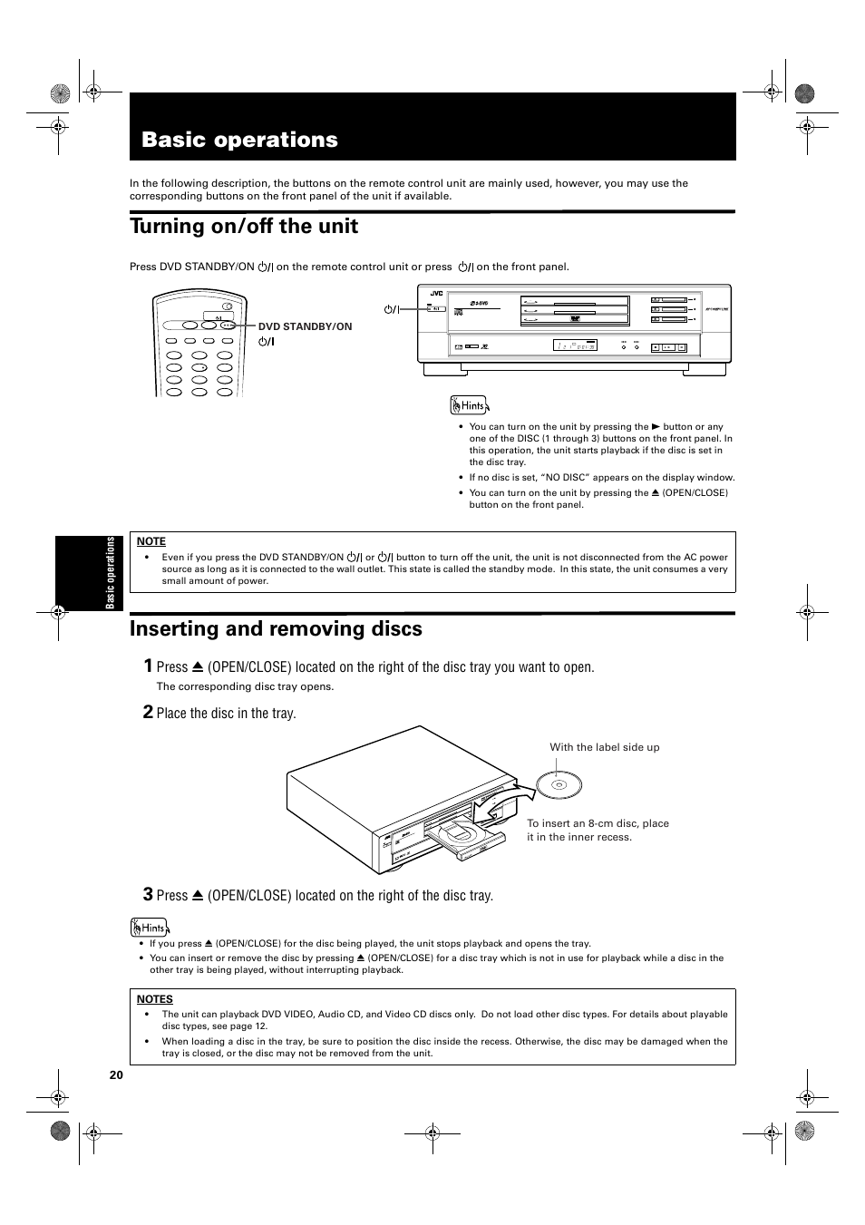 Basic operations, Turning on/off the unit, Inserting and removing discs | Place the disc in the tray, Disc title chap resume theater dvd each | JVC XV-M50BK User Manual | Page 22 / 56
