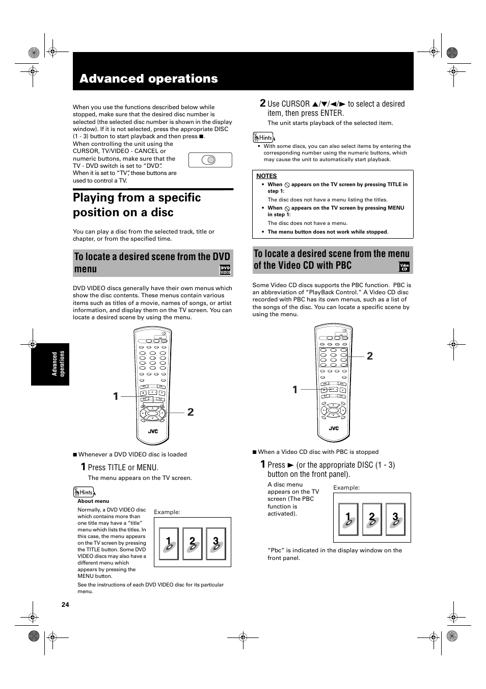 Advanced operations, Playing from a specific position on a disc, Press title or menu | Ad va nce d op er atio n s, The menu appears on the tv screen, The unit starts playback of the selected item, Example, Tv dvd | JVC XV-M50BK User Manual | Page 26 / 56