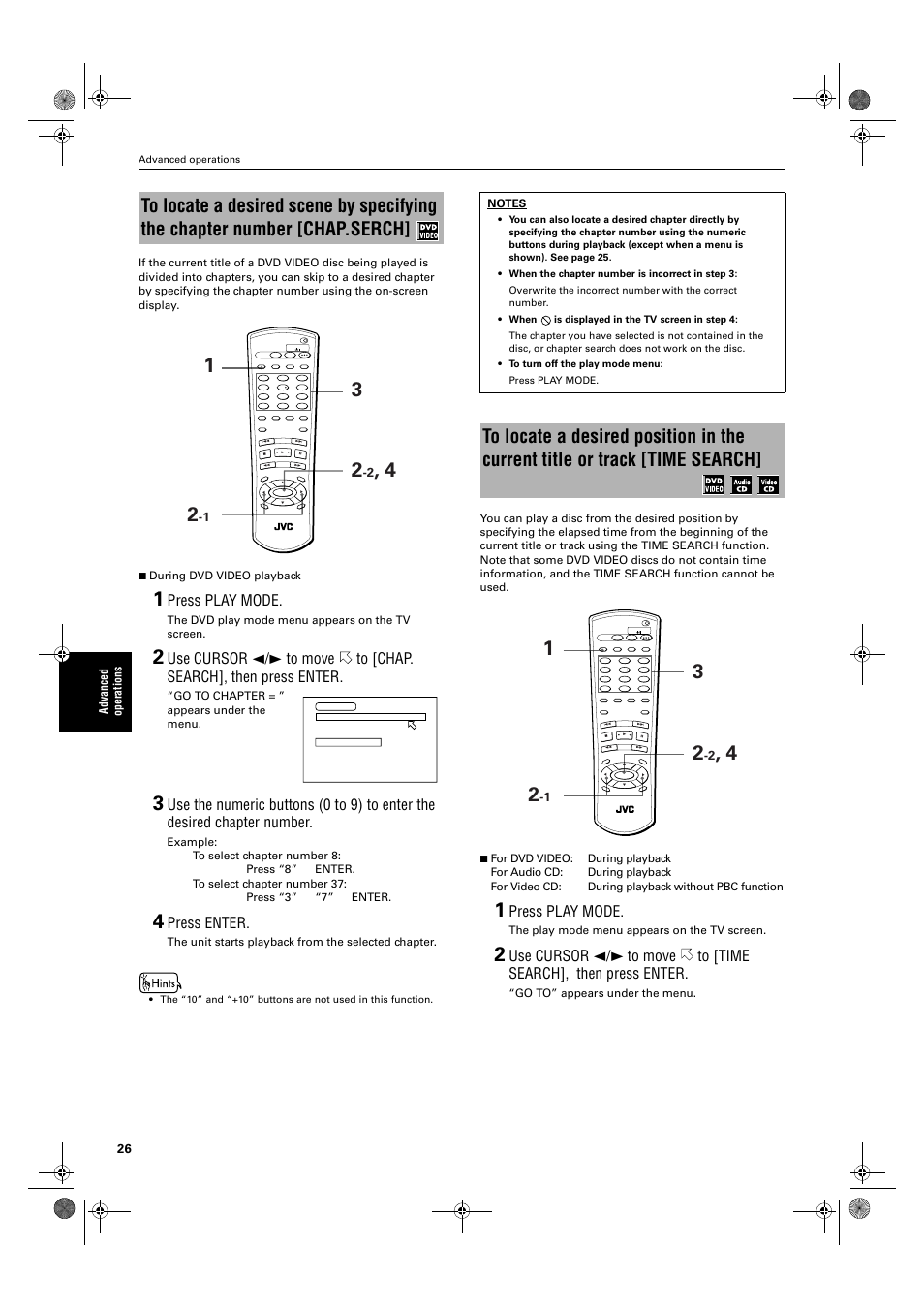 Press play mode, Press enter, The dvd play mode menu appears on the tv screen | Go to chapter = ” appears under the menu, The unit starts playback from the selected chapter, The play mode menu appears on the tv screen, Go to” appears under the menu | JVC XV-M50BK User Manual | Page 28 / 56