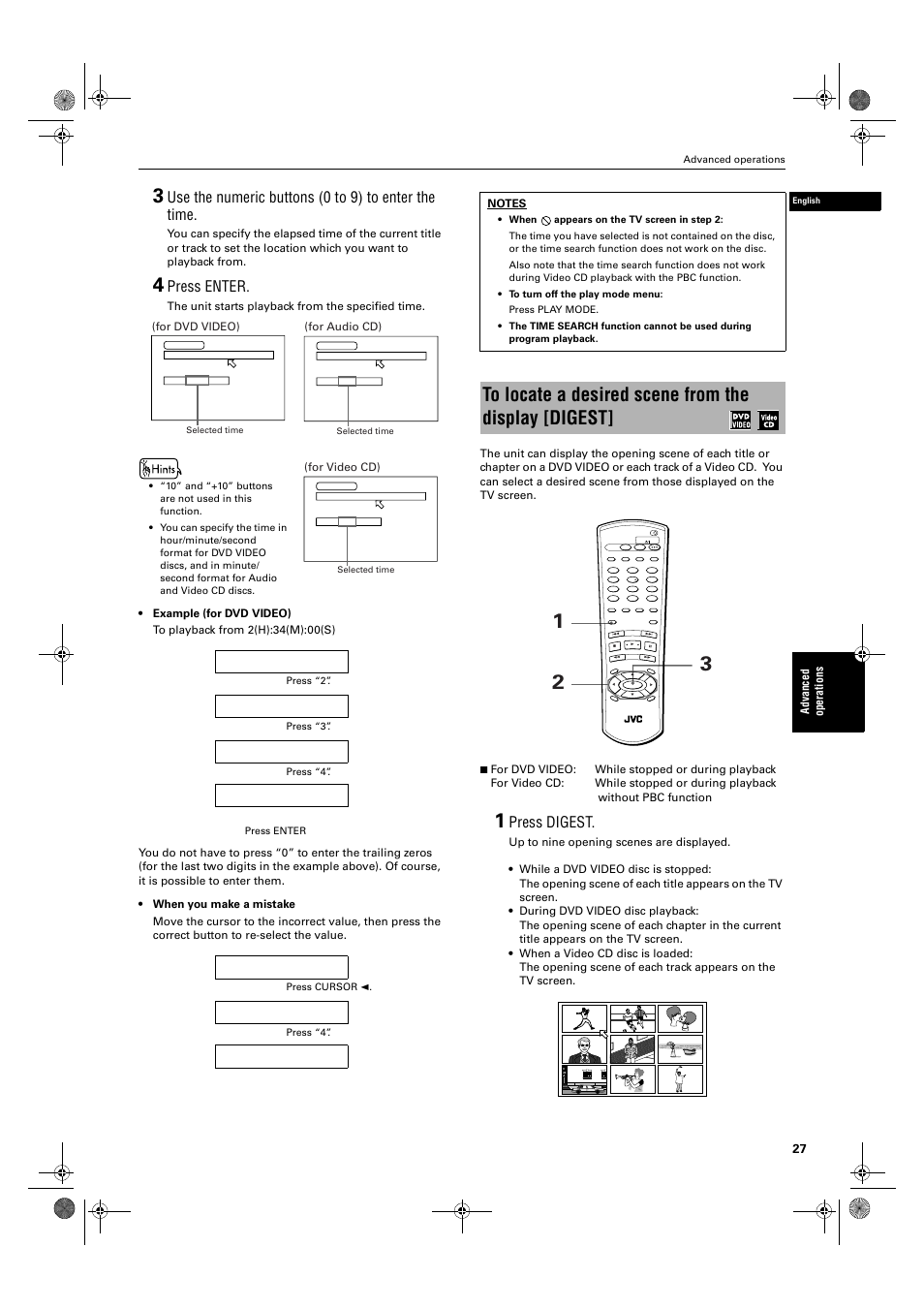 Use the numeric buttons (0 to 9) to enter the time, Press enter, Press digest | Ad va nce d op er a tio ns, The unit starts playback from the specified time, For dvd video), For audio cd), For video cd) | JVC XV-M50BK User Manual | Page 29 / 56
