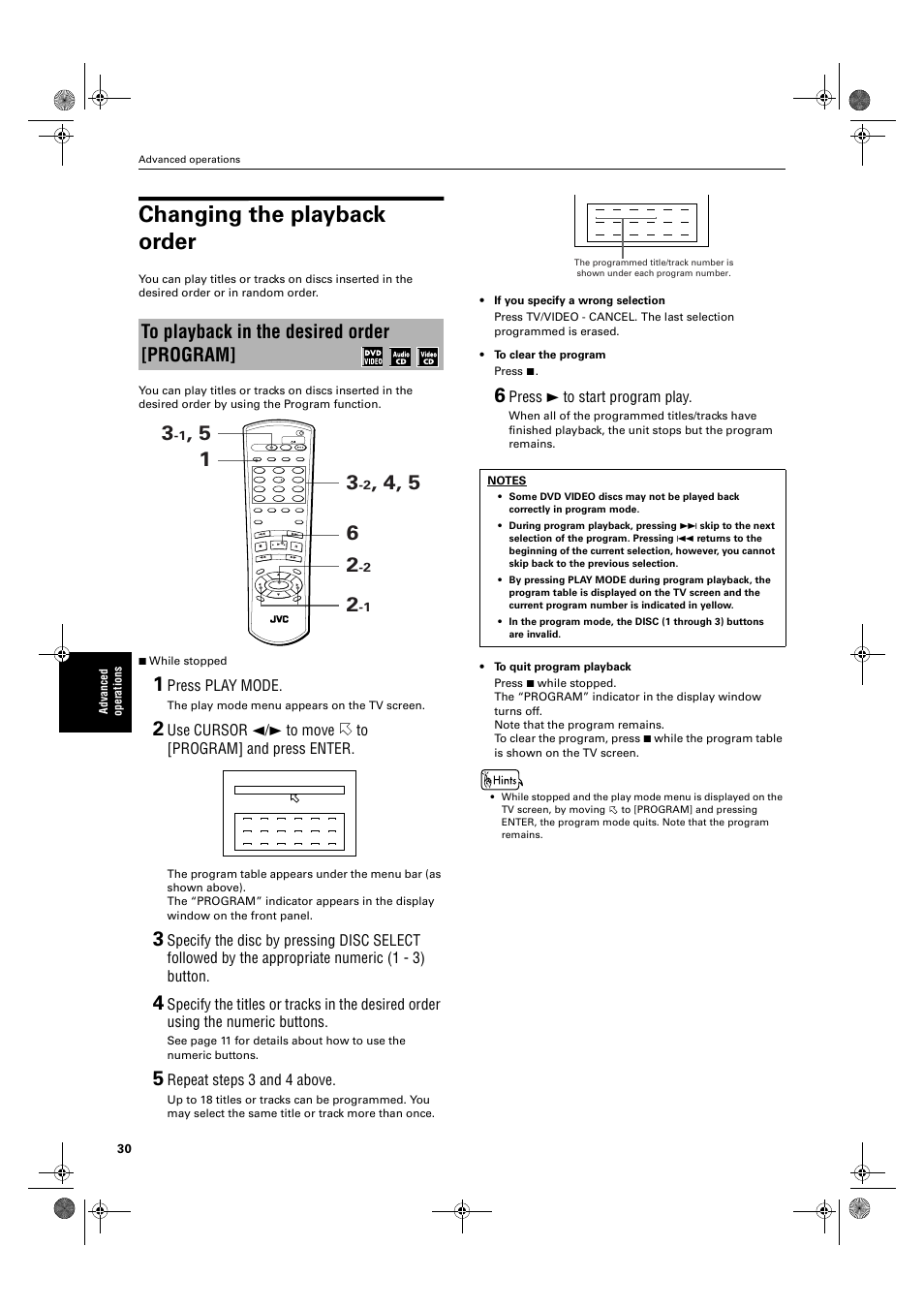 Changing the playback order, Press play mode, Repeat steps 3 and 4 above | Press 3 to start program play, Ad va nce d op er atio n s, The play mode menu appears on the tv screen | JVC XV-M50BK User Manual | Page 32 / 56