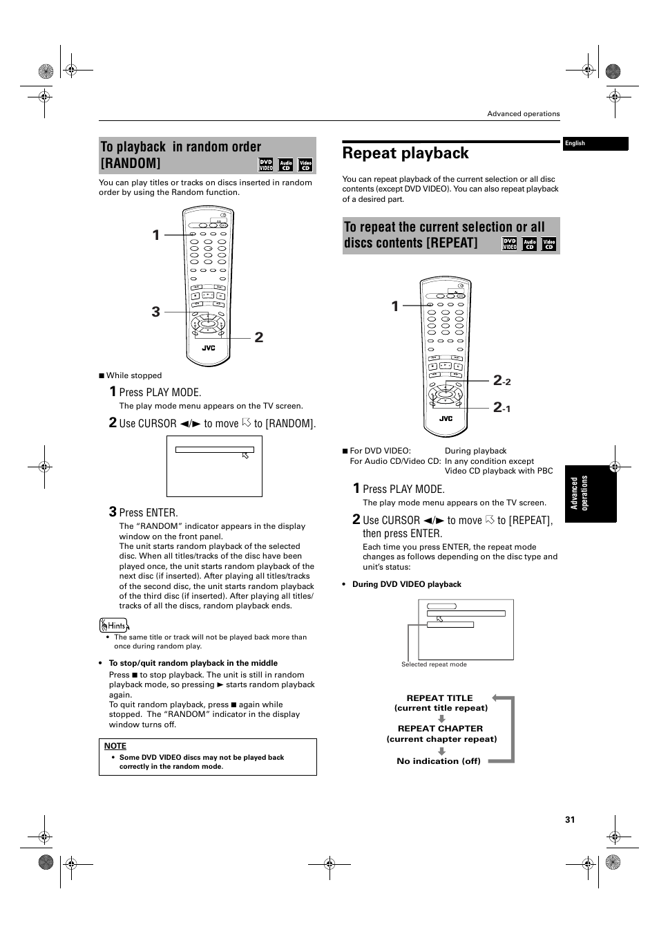 Repeat playback, Press play mode, Use cursor 2/3 to move to [random | Press enter, Ad va nce d op er a tio ns, The play mode menu appears on the tv screen, Advanced operations | JVC XV-M50BK User Manual | Page 33 / 56