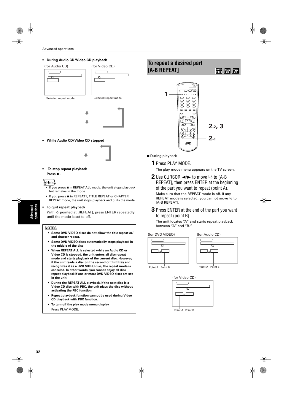 Press play mode, The play mode menu appears on the tv screen, For audio cd) | For dvd video), For video cd) | JVC XV-M50BK User Manual | Page 34 / 56