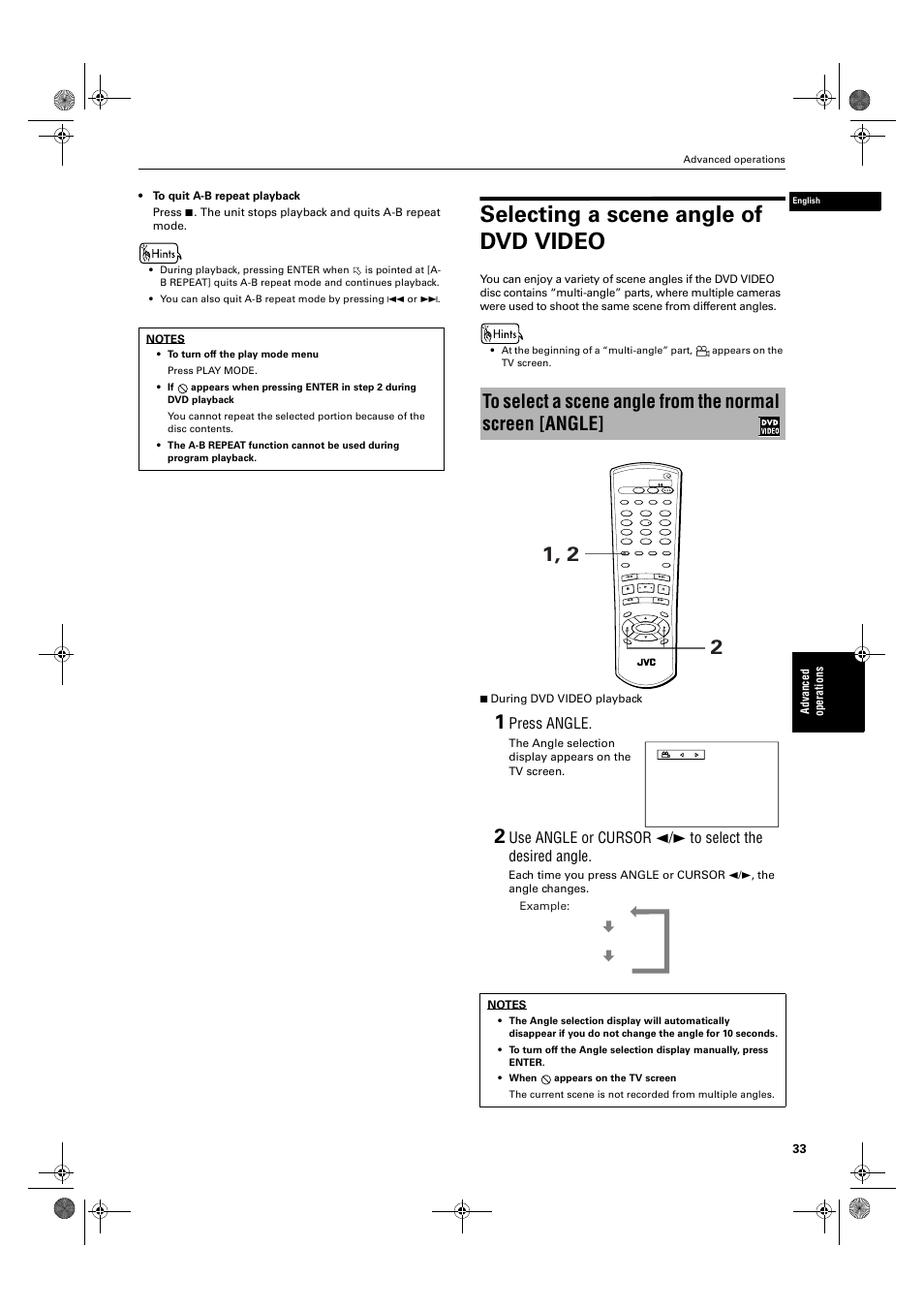 Selecting a scene angle of dvd video, Press angle, Ad va nce d op er a tio ns | The unit stops playback and quits a-b repeat mode, 7 during dvd video playback | JVC XV-M50BK User Manual | Page 35 / 56