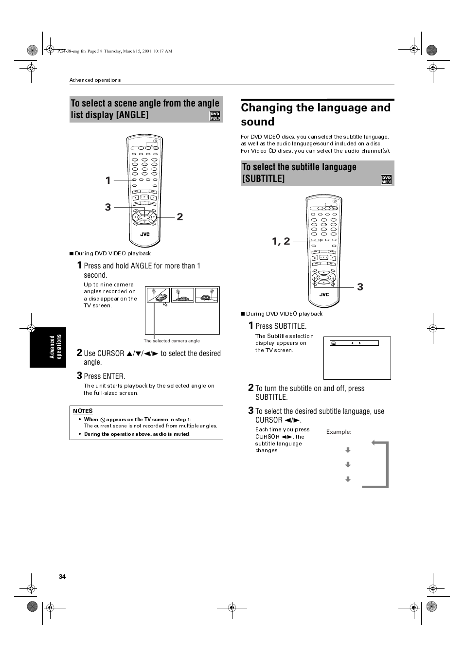 Changing the language and sound, Press and hold angle for more than 1 second, Use cursor 5/°/2/3 to select the desired angle | Press enter, Press subtitle, Advanced operations | JVC XV-M50BK User Manual | Page 36 / 56