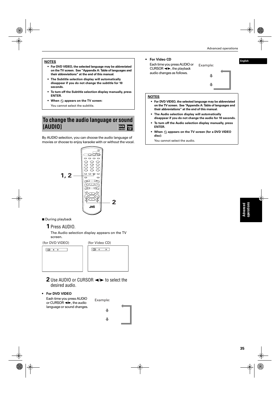 Press audio, Ad va nce d op er a tio ns, For dvd video) | Stereo r l example | JVC XV-M50BK User Manual | Page 37 / 56