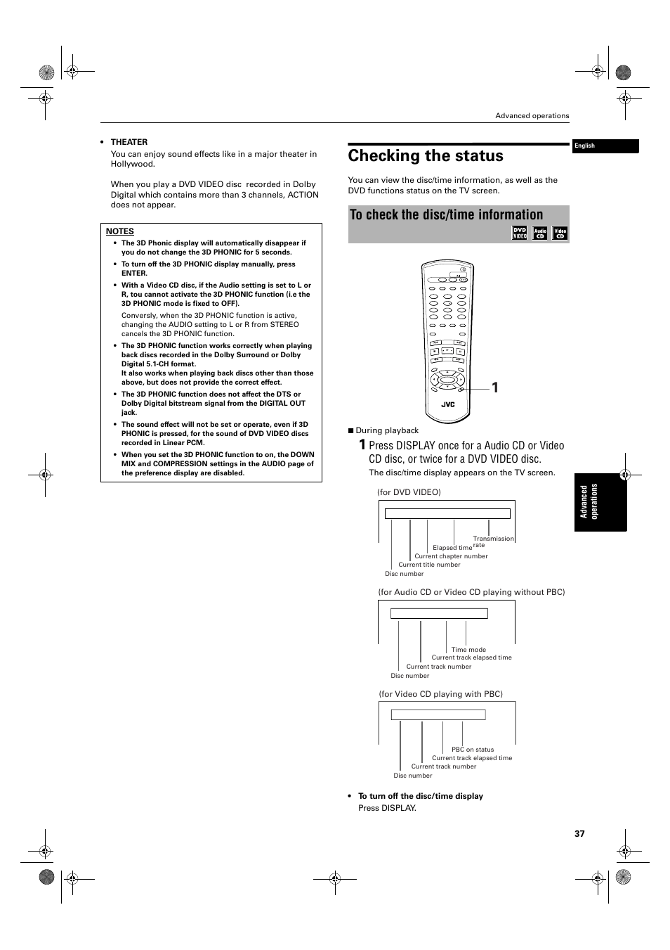 Checking the status, Ad va nce d op er a tio ns, For dvd video) | For audio cd or video cd playing without pbc), For video cd playing with pbc) | JVC XV-M50BK User Manual | Page 39 / 56