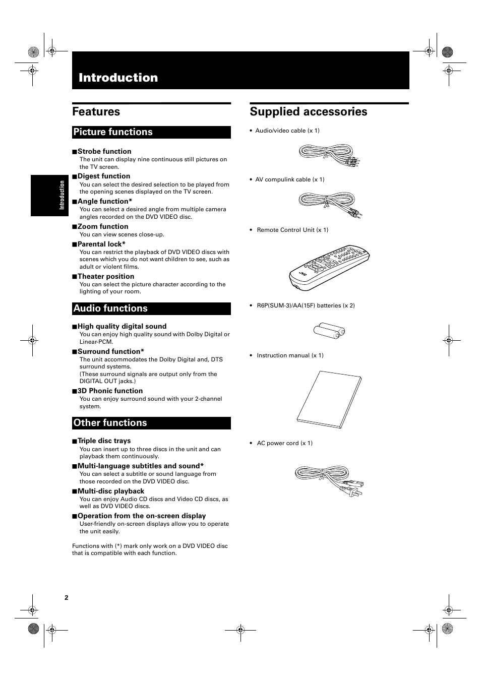 Introduction, Introduction features, Supplied accessories | Picture functions audio functions other functions, 7 strobe function, 7 digest function, 7 angle function, 7 zoom function, 7 parental lock, 7 theater position | JVC XV-M50BK User Manual | Page 4 / 56