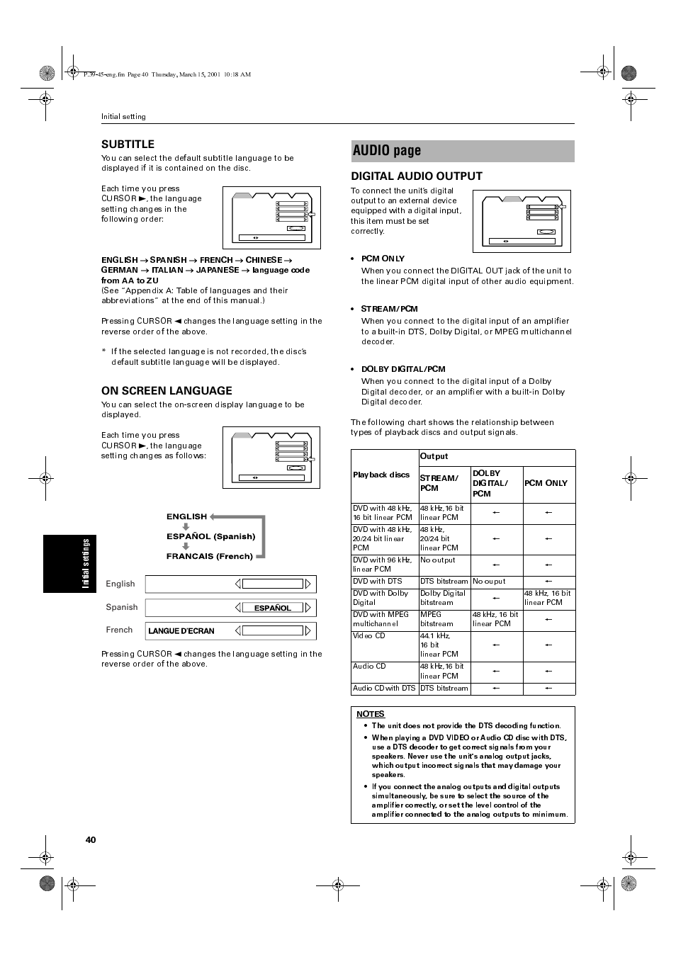 Audio page, Subtitle, On screen language | Digital audio output | JVC XV-M50BK User Manual | Page 42 / 56