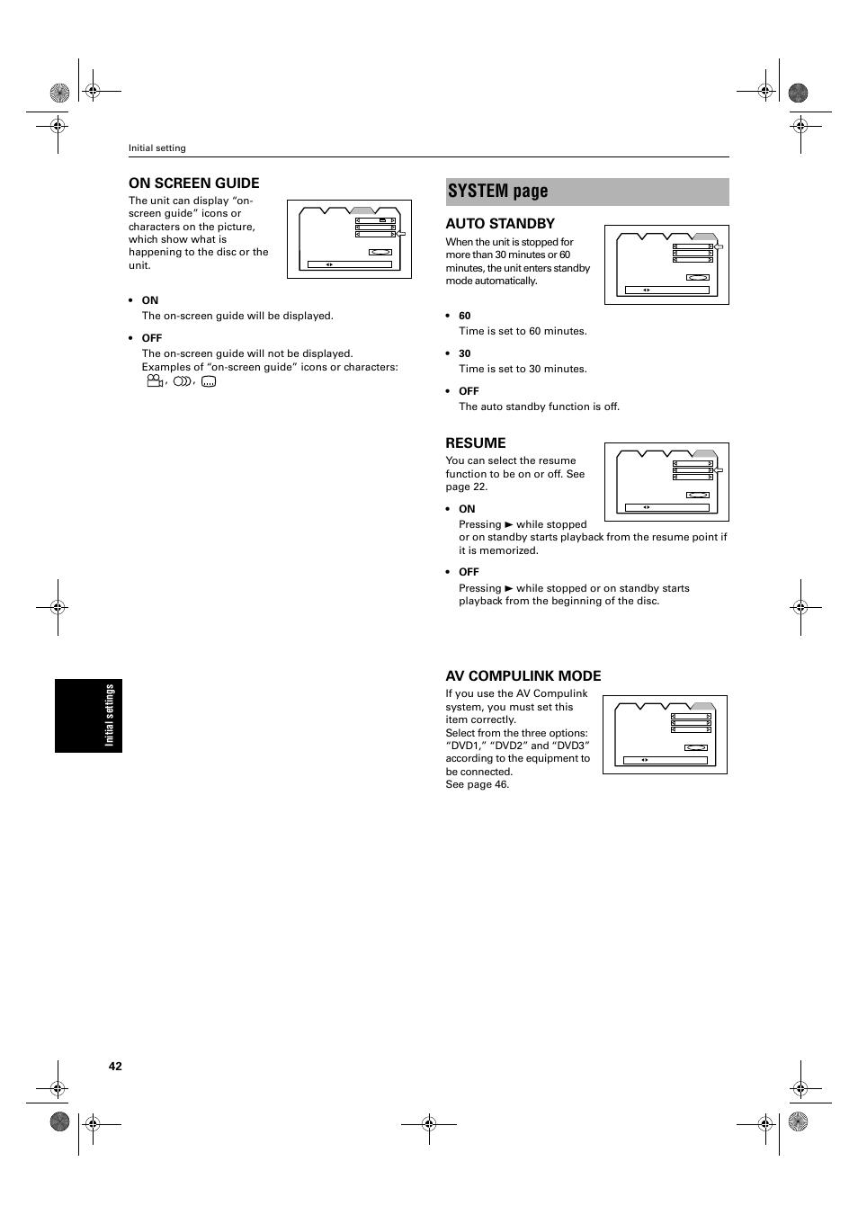System page, On screen guide, Auto standby | Resume, Av compulink mode | JVC XV-M50BK User Manual | Page 44 / 56