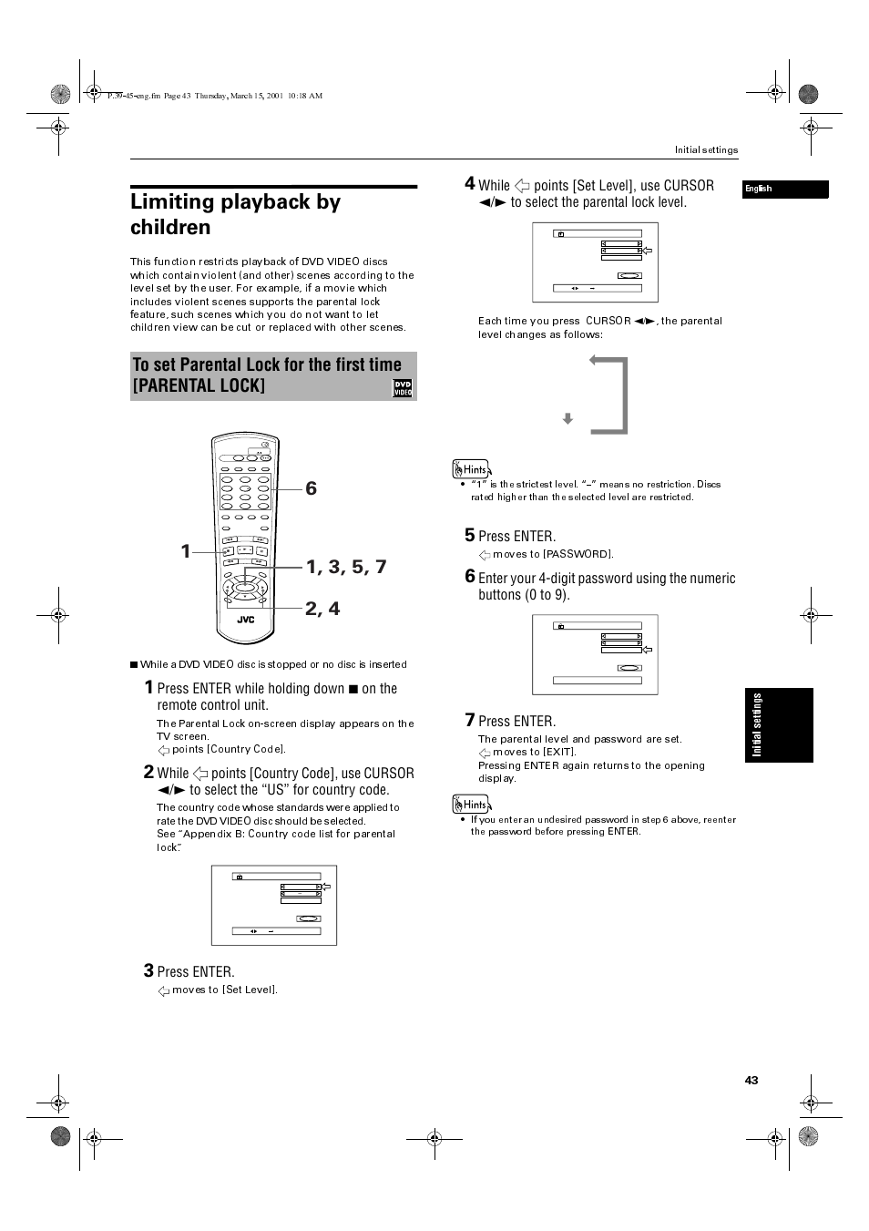 Limiting playback by children, Press enter, Moves to [set level | Moves to [password | JVC XV-M50BK User Manual | Page 45 / 56