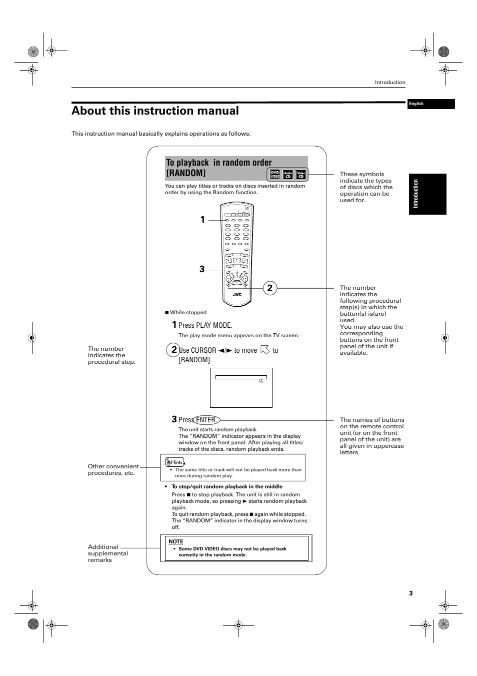 About this instruction manual, Press play mode, Use cursor 2/3 to move to [random | Press enter, Introduction, The play mode menu appears on the tv screen | JVC XV-M50BK User Manual | Page 5 / 56