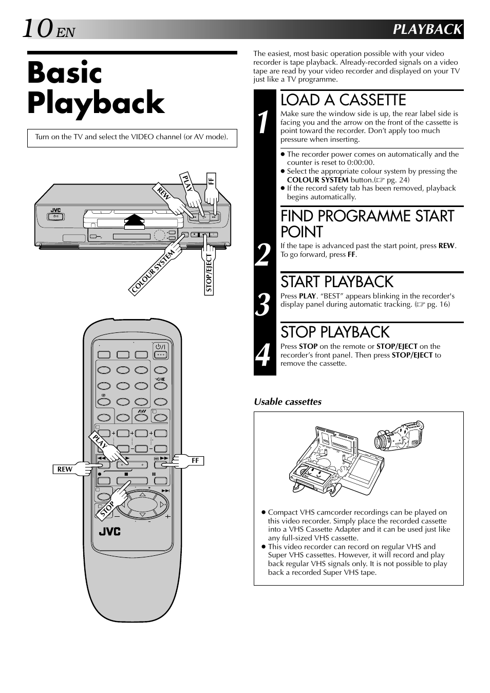 Basic playback, Load a cassette, Find programme start point | Start playback, Stop playback, Playback | JVC HR-J441MS User Manual | Page 10 / 36