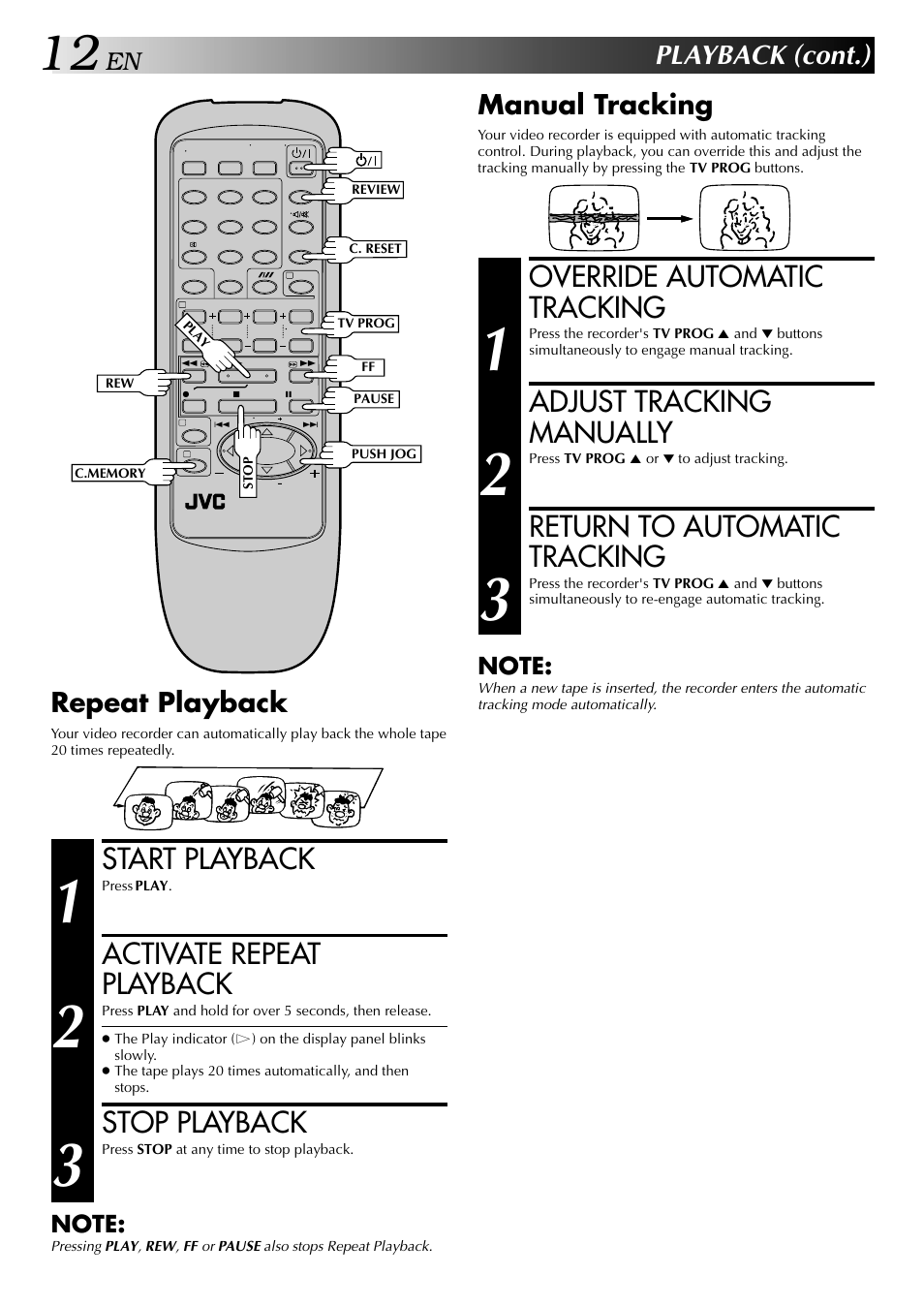 Override automatic tracking, Adjust tracking manually, Return to automatic tracking | Start playback, Activate repeat playback, Stop playback, Playback (cont.), Manual tracking, Repeat playback | JVC HR-J441MS User Manual | Page 12 / 36