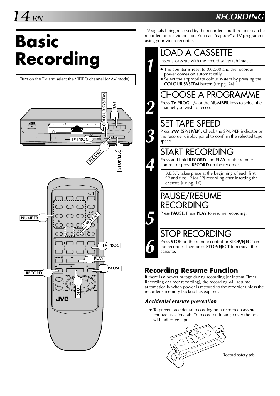 Basic recording, Load a cassette, Choose a programme | Set tape speed, Start recording, Pause/resume recording, Stop recording, Recording, Recording resume function | JVC HR-J441MS User Manual | Page 14 / 36