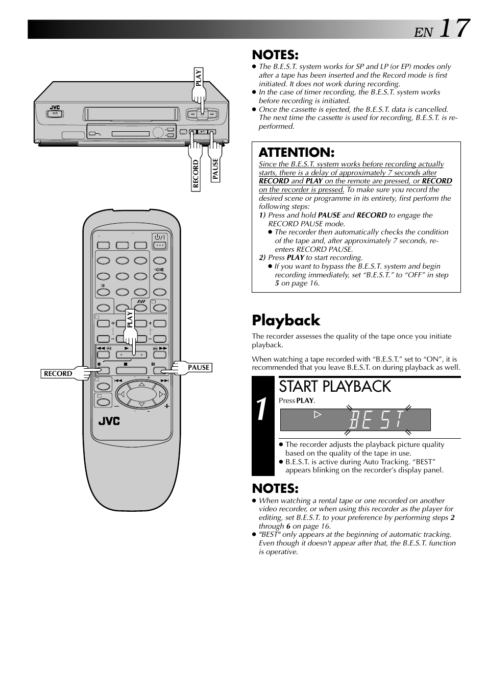 Start playback, Playback, Attention | JVC HR-J441MS User Manual | Page 17 / 36