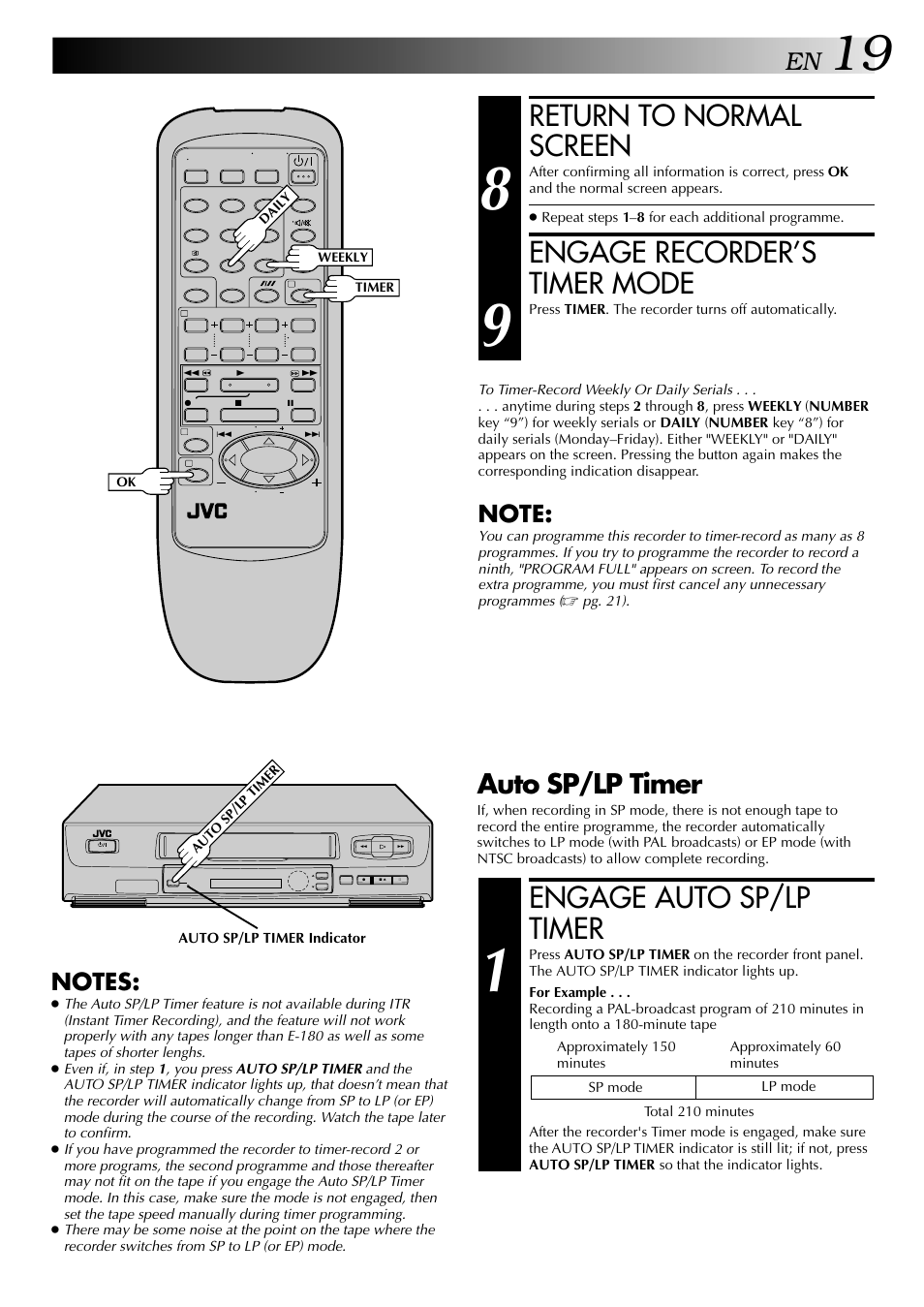 Return to normal screen, Engage recorder’s timer mode, Engage auto sp/lp timer | Auto sp/lp timer | JVC HR-J441MS User Manual | Page 19 / 36