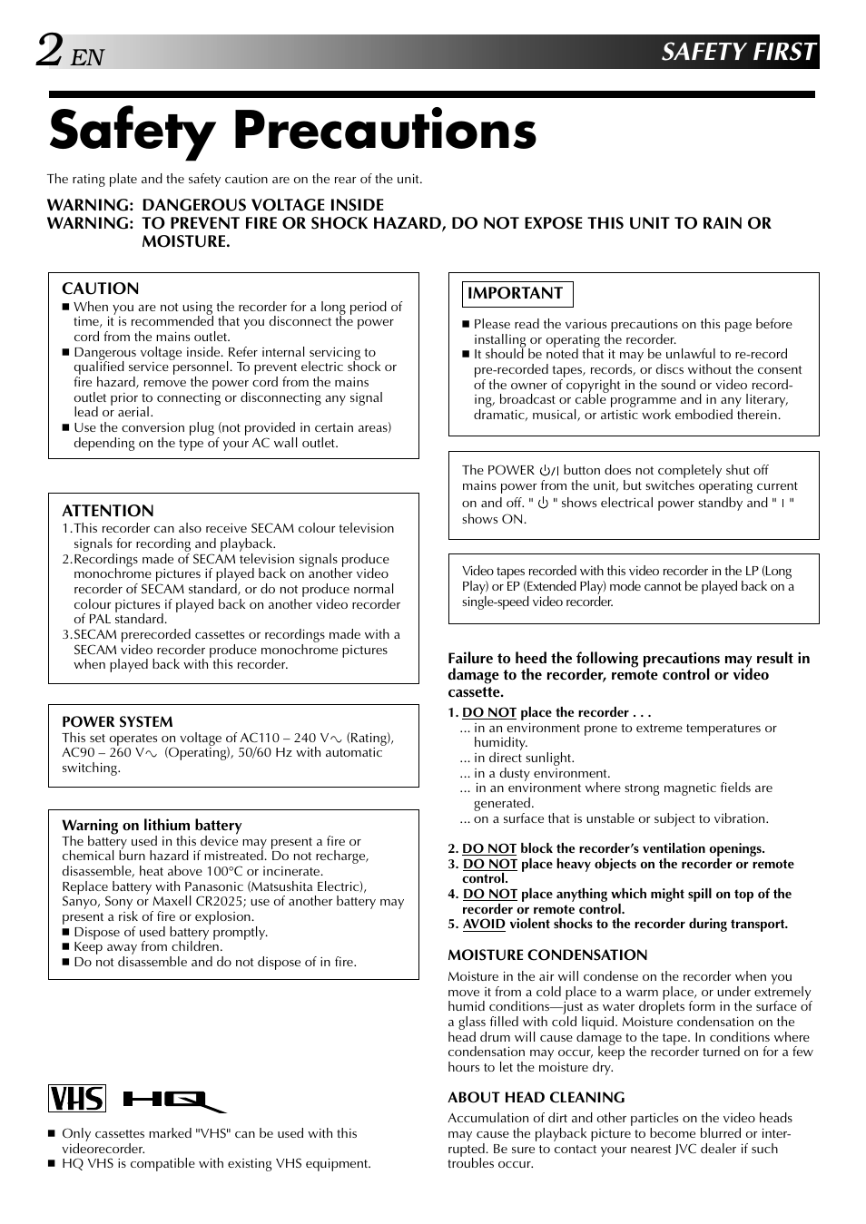 Safety precautions, Safety first | JVC HR-J441MS User Manual | Page 2 / 36