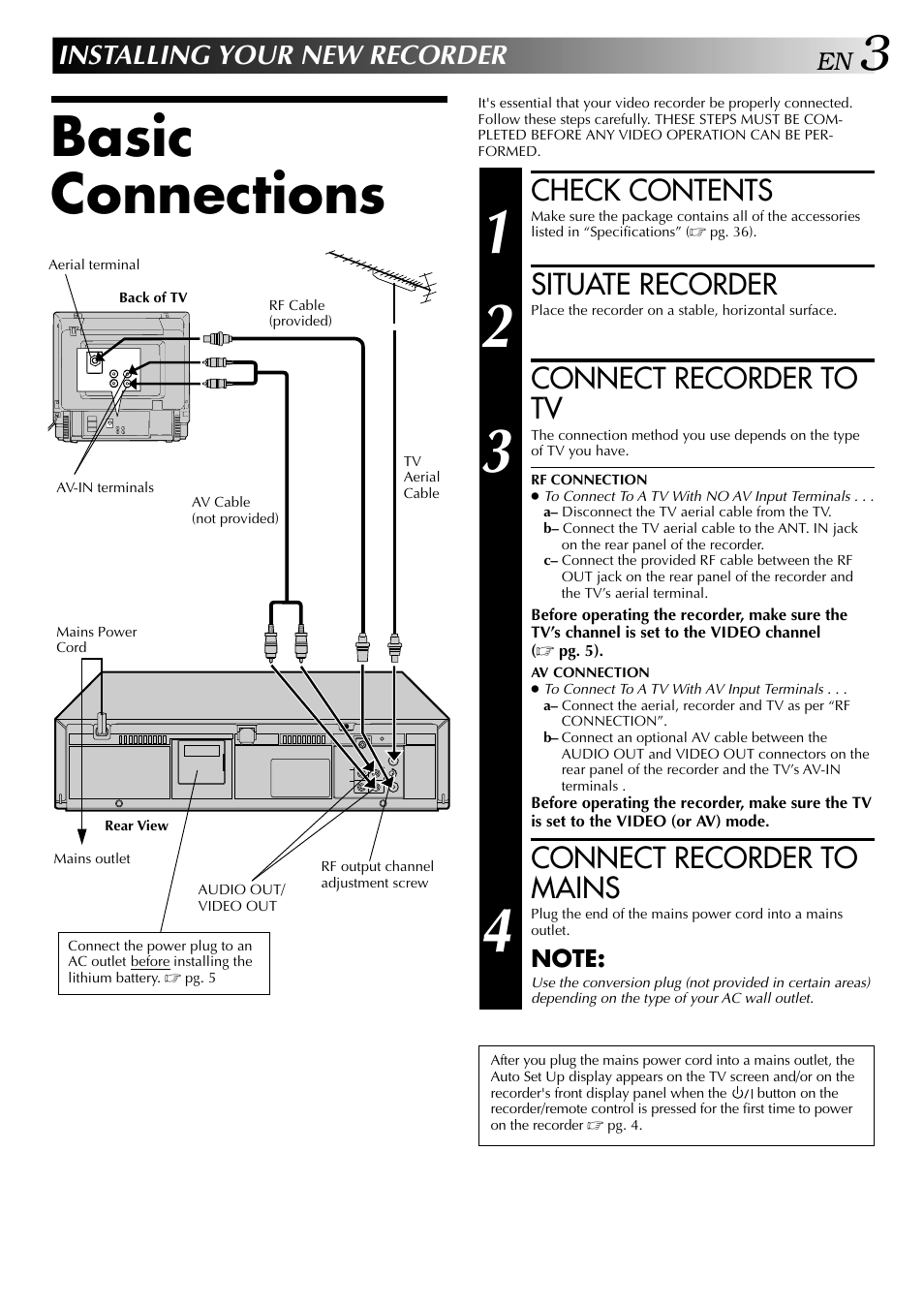 Basic connections, Check contents, Situate recorder | Connect recorder to tv, Connect recorder to mains, Installing your new recorder | JVC HR-J441MS User Manual | Page 3 / 36