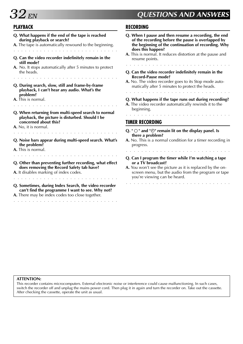 Questions and answers, Playback, Recording | Timer recording | JVC HR-J441MS User Manual | Page 32 / 36