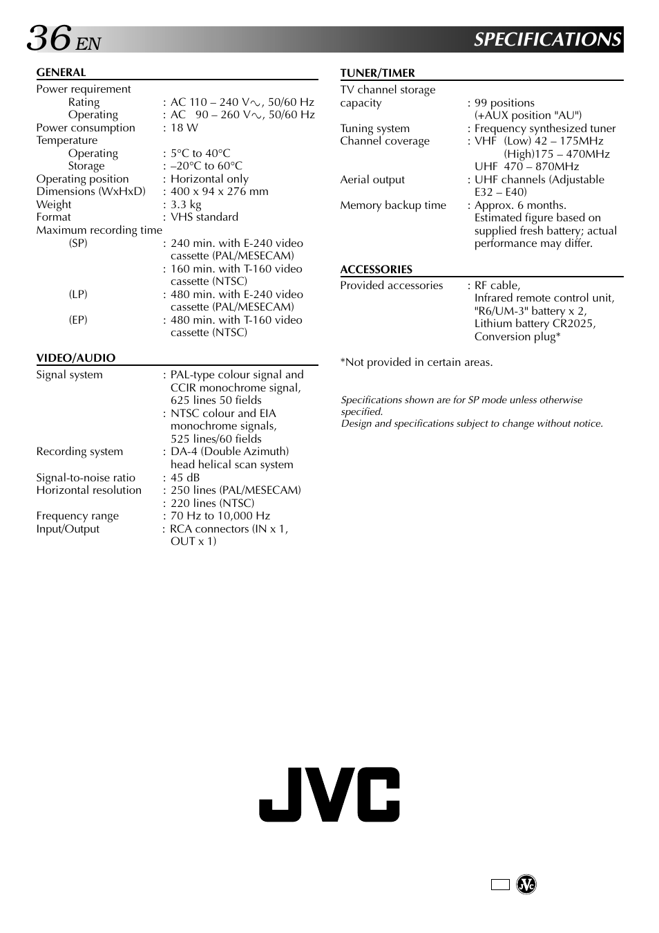 Specifications | JVC HR-J441MS User Manual | Page 36 / 36