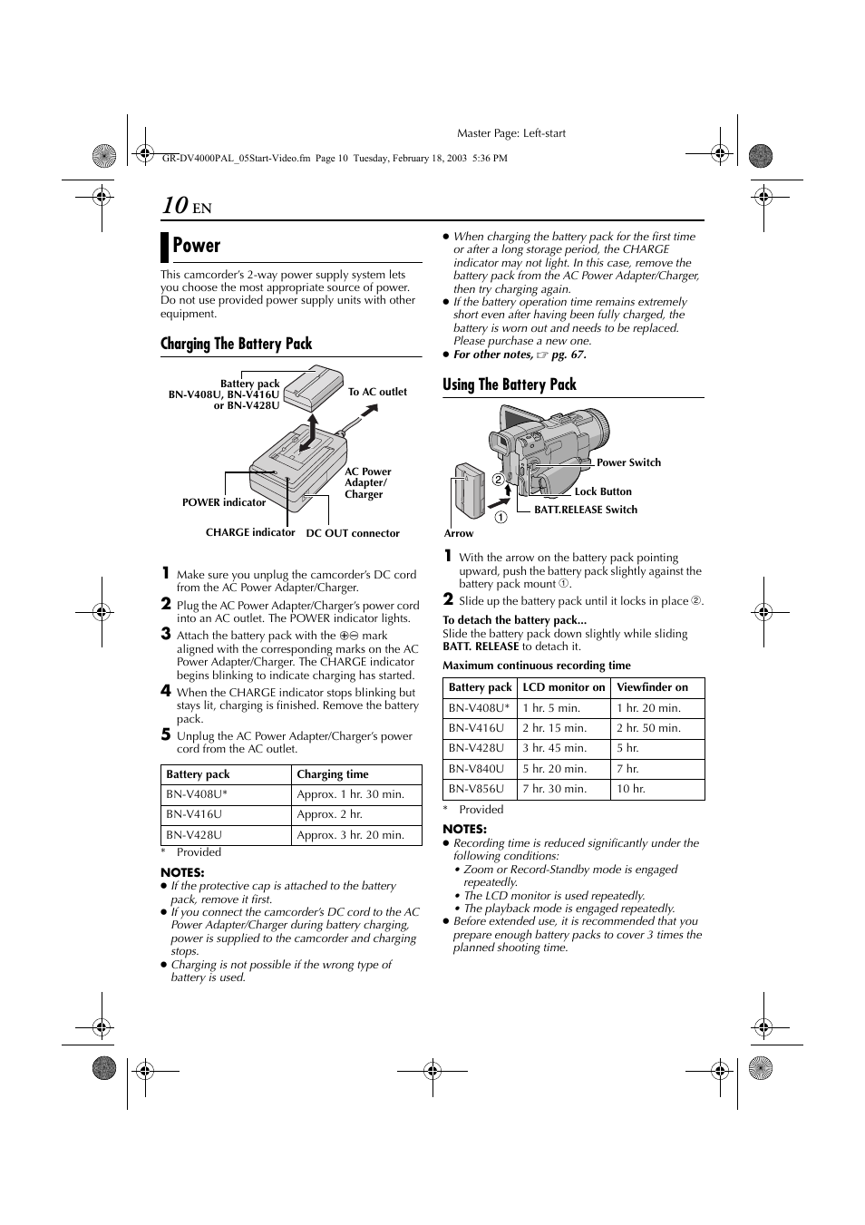 Getting started, Power, Charging the battery pack 1 | Using the battery pack 1 | JVC GR-DV4000 User Manual | Page 10 / 88