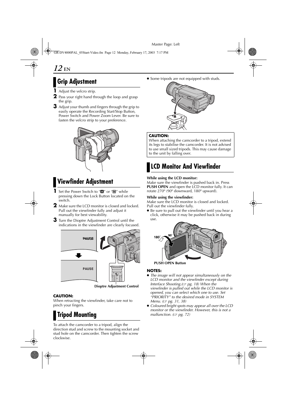 Grip adjustment, Viewfinder adjustment, Tripod mounting | Lcd monitor and viewfinder, Grip adjustment viewfinder adjustment | JVC GR-DV4000 User Manual | Page 12 / 88