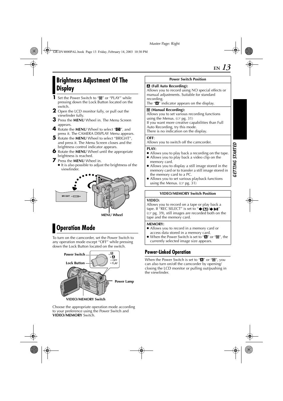 Brightness adjustment of the display, Operation mode, Power-linked operation | JVC GR-DV4000 User Manual | Page 13 / 88