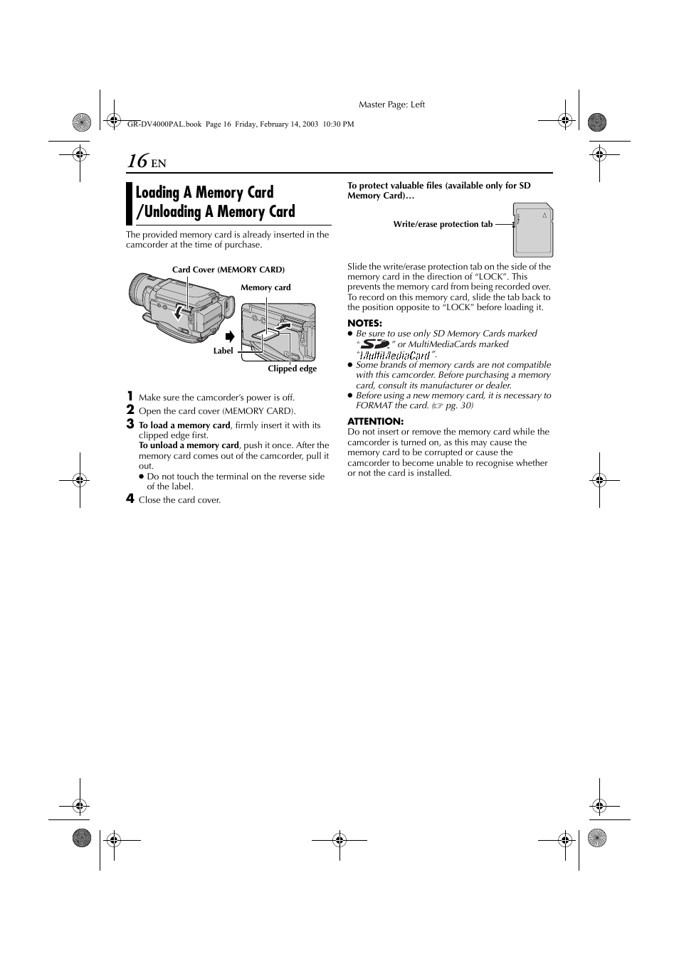 Loading a memory card /unloading a memory card, Loading a memory card, Unloading a memory card | JVC GR-DV4000 User Manual | Page 16 / 88