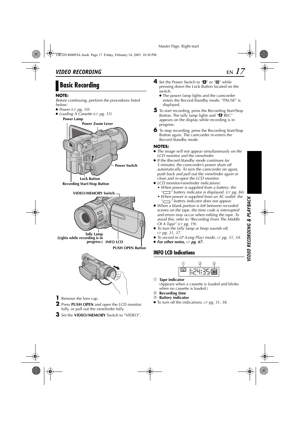 Video recording & playback, Video recording, Basic recording | Info lcd indications | JVC GR-DV4000 User Manual | Page 17 / 88