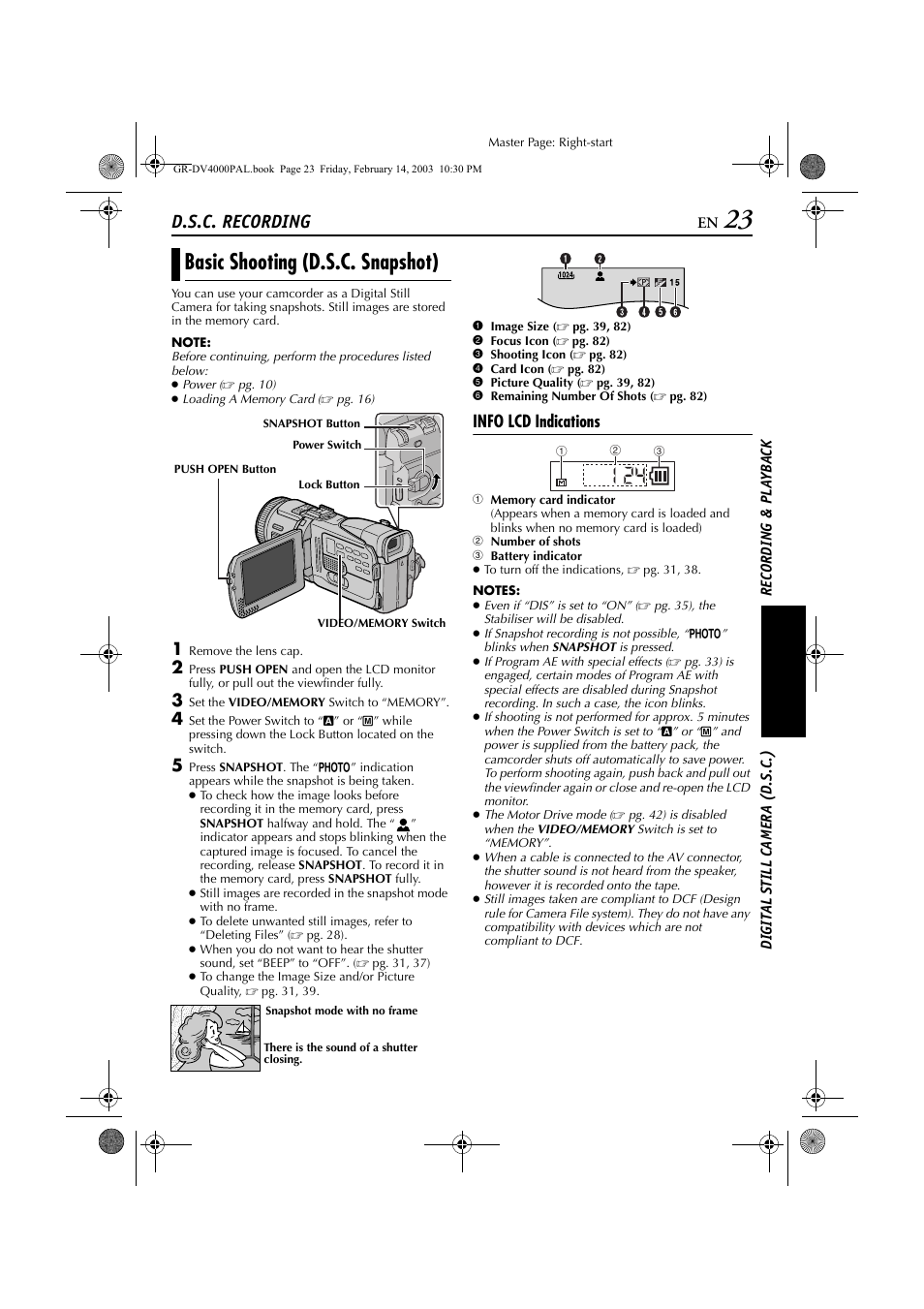 Digital still camera (d.s.c.) recording & playback, D.s.c. recording, Basic shooting (d.s.c. snapshot) | Info lcd indications | JVC GR-DV4000 User Manual | Page 23 / 88