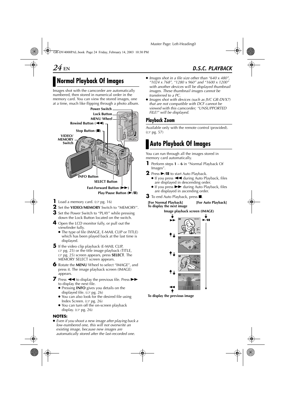 D.s.c. playback, Normal playback of images, Auto playback of images | Normal playback of images auto playback of images, Playback zoom | JVC GR-DV4000 User Manual | Page 24 / 88