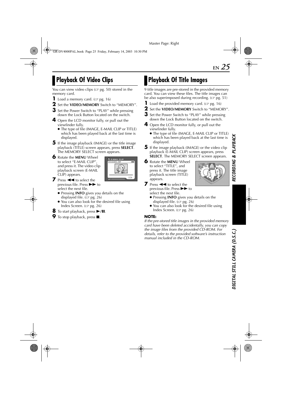 Playback of video clips, Playback of title images, Playback of video clips playback of title images | Pg. 25) or, Itle, Pg. 25) screen | JVC GR-DV4000 User Manual | Page 25 / 88