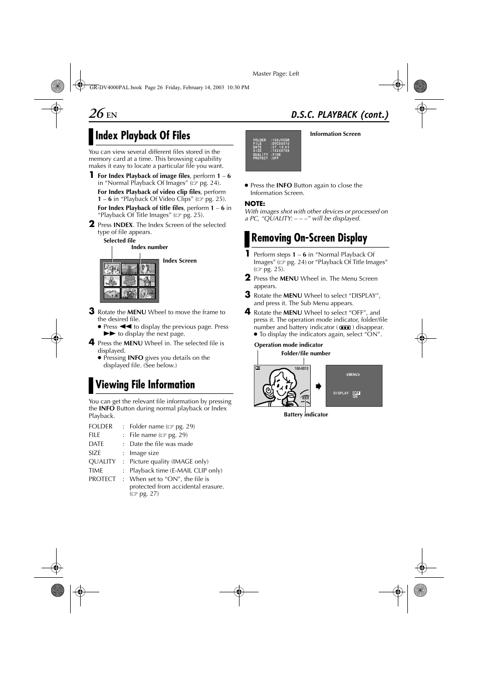 Index playback of files, Viewing file information, Removing on-screen display | File, Pg. 26), D file, Index playback of files viewing file information, D.s.c. playback (cont.) | JVC GR-DV4000 User Manual | Page 26 / 88