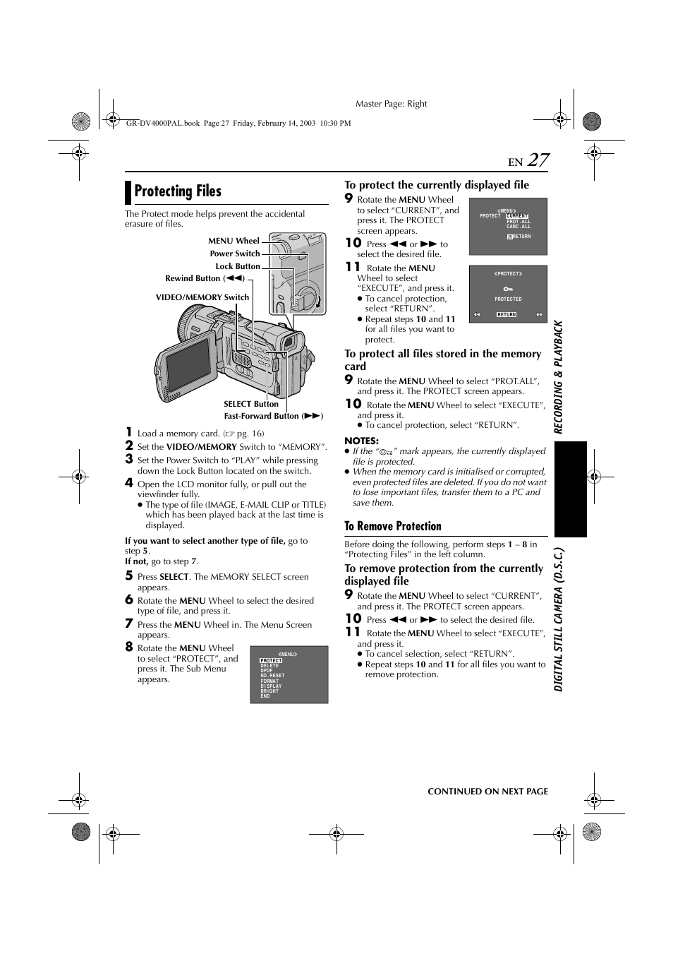 Protecting files, Pg. 27) | JVC GR-DV4000 User Manual | Page 27 / 88