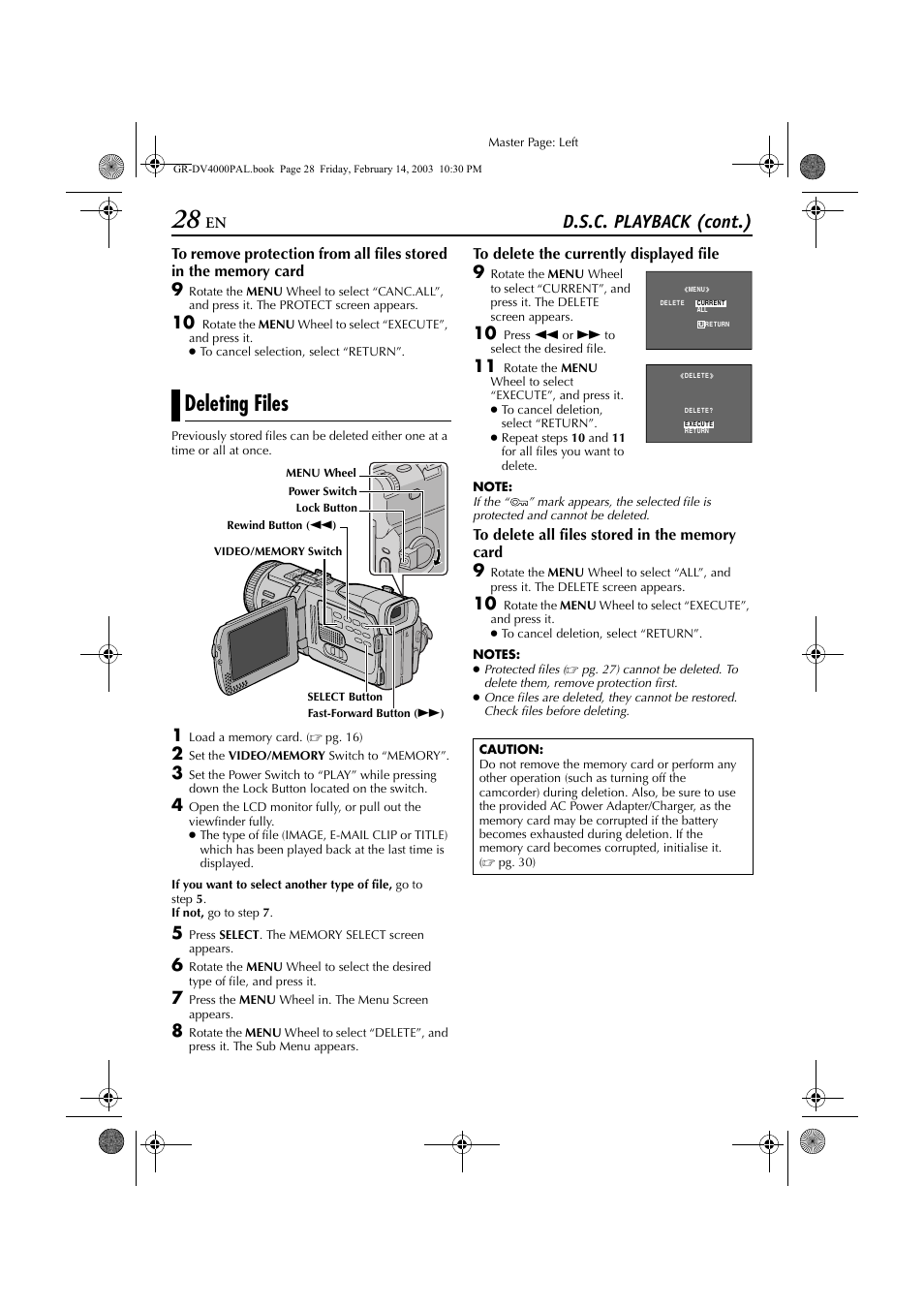 Deleting files, Pg. 28), D.s.c. playback (cont.) | JVC GR-DV4000 User Manual | Page 28 / 88