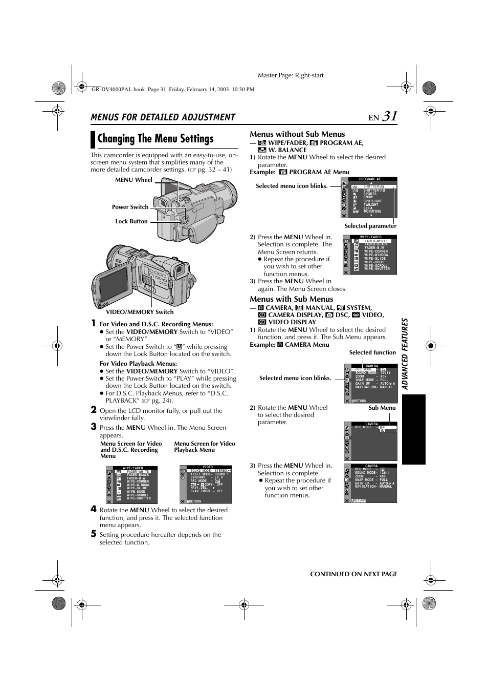 Advanced features, Menus for detailed adjustment, Changing the menu settings | Pg. 31, 38), Pg. 31), Pg. 31, Pg. 31, 34, Ns, ੬ pg. 31, 38, Sound, set “beep” to “off, Pg. 31, 37) | JVC GR-DV4000 User Manual | Page 31 / 88