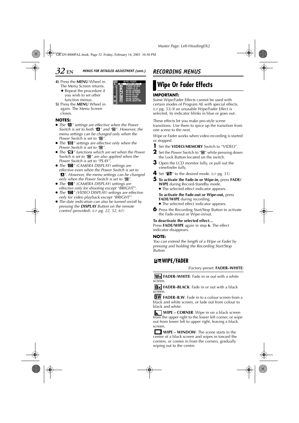 Recording menus, Wipe or fader effects, Wipe/fader | Master page: left-heading0x2, Set “v ” to the desired mode. ( ੬ pg. 31) | JVC GR-DV4000 User Manual | Page 32 / 88