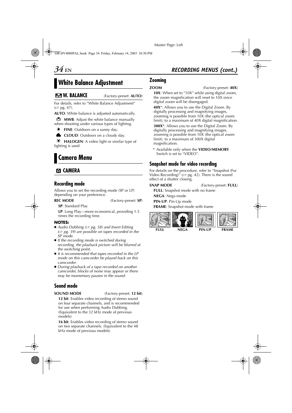 White balance adjustment, Optical zoom, Pg. 34) | Ite balance, Pg. 34, 47) is, White balance adjustment camera menu, Recording menus (cont.) | JVC GR-DV4000 User Manual | Page 34 / 88