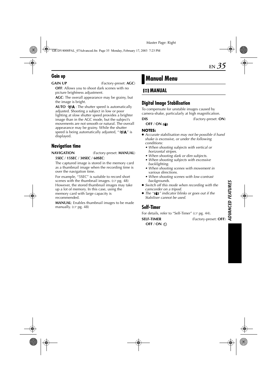 Set to “on” ( ੬ pg. 35), the, Manual menu | JVC GR-DV4000 User Manual | Page 35 / 88